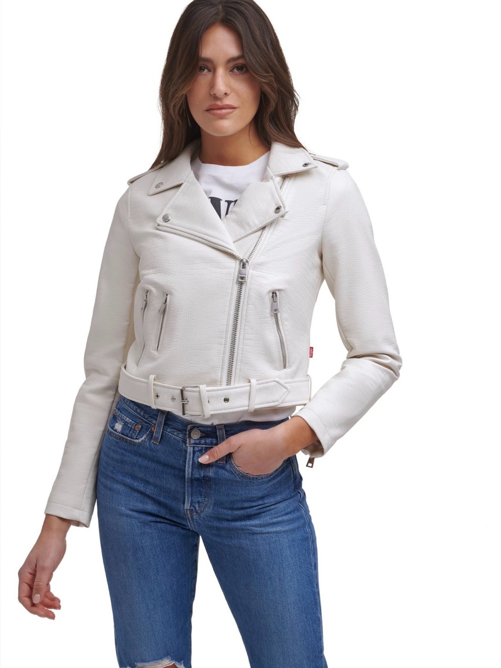 Levi's Cropped "leather" White Moto Jacket with Belt